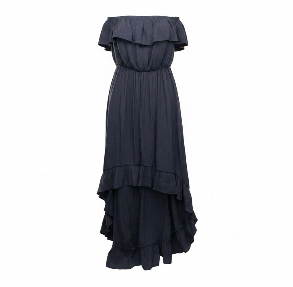 Entro Off-The-Shoulder Ruffle Asymmetric Hem Maxi Dress in Navy